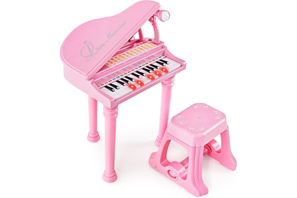 COSTWAY Piano Numérique 31 Touches pour Enfants avec Tabouret & Microphone, Piano Electronique Portable avec Mode d'Enseignement LED & MP3, Piano Enfants 3 Ans, Charge 50kg (31 Touches, Rose)