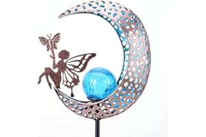 BomKra Solar Garden Ornaments Outdoor Fairy Solar Light Moon Star Crackle Glass Ball Stake Metal Lights Decorative Waterproof Warm White LED for Garden Pathway Lawn Patio Grave (B)