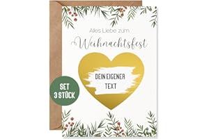 ‎THINGS OF HAPPINESS Things of Happiness 3 x Rubbelkarte Weihnachten zum selber beschriften | Set 3 x Rubbellos + Briefumschlag Naturpapier | Karte Fröhliche Weihnachten Geschenk Freund Frau Mann (Weihnachten Grün)