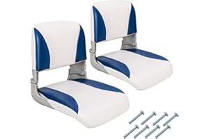 COSTWAY Set of 2 Foldable Boat Chairs, Fold-Down Low Back Captain Boat Seats with Thick Sponge Padding, Ergonomic Seating for Fishing Boat Yachts (Blue+White, 46 x 49 x 48cm)