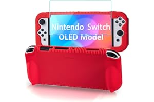 Teyomi Silikon Hülle kompatibel mit Nintendo Switch OLED Modell 2021, stoßfeste Schutzhülle mit Displayschutz aus gehärtetem Glas,ergonomische Griffhülle für Switch OLED,2 Spielkartenfächer (rot)
