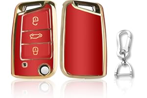 QBUC Goldener Rand Autoschlüssel Hülle für VW, DREI Tasten Autoschlüsselkasten, Auto kratzfestes Schlüsselgehäuse，Schlüsselhülle Cover für VW Polo, Skoda, Tiguan, MK(A-Rot)