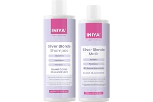 Shampooing Déjaunisseur & Soin Déjaunisseur Sans Sulfate ni Silicone | Iniya Silver Blonde Kit | Shampooing Bleu Violet et Masque Bleu | Cheveux Blonds, Gris, Décolorés ou Méchés | Marque Française