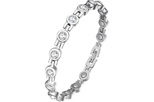 Jecanori Magnetic Bracelet for Women - Titanium Steel Brazaletes with 15 Powerful Magnets (each 3500 Gauss) Included Removal Tool in A Gift Box, Round Silver Crystal