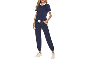 Litherday Women's Tracksuit Sets 2 Piece Short Sleeve Sweatsuits Jogging Running Outfits Loungewear Activewear Workout Tops and Long Pants with Pocket