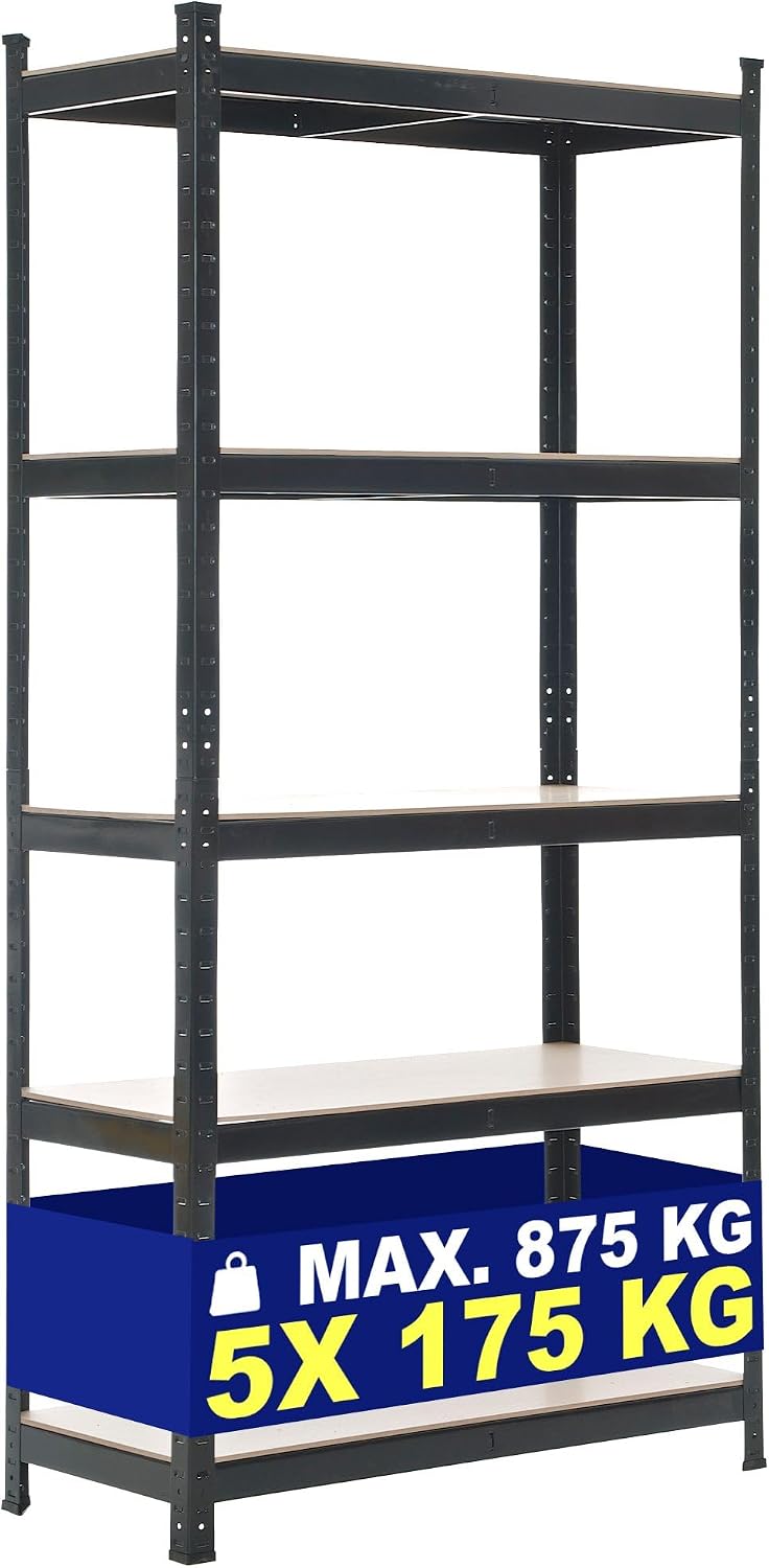 CLP Estantería Metálica de Almacenaje Galvanizada I Estantería Capacidad Máx. de Carga 875 kg I Estantería de 5 Estantes I Bastidor de Almacena, Color:Negro, Tamaño:90x40x180 cm