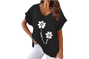 NUSGEAR 2023 Camiseta Manga Corta Mujer, Verano Algodón y Lino Moda Impresión Blusa Camisa Cuello en V Basica Camiseta Elegant Suelto Tops Casual Fiesta Cómodo T-Shirt Original tee Playa