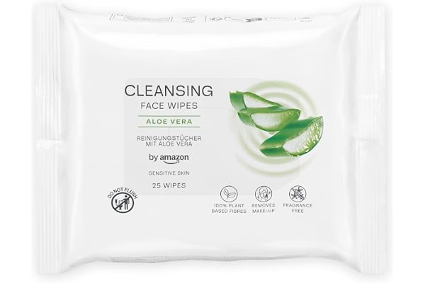 by Amazon Lingettes nettoyantes pour le visage à l'aloe vera, 25 lingettes | démaquillant, sans parfum