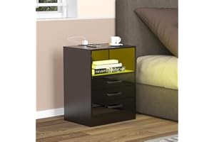 Lvhcmfohm Nachttisch Schwarz mit Steckdose, Nachtschrank Boxspringbett mit Led, Nachtkästchen, Moderner Nachtkommode mit 3 Schubladen für Wohnzimmer, Schlafzimmer (40x35x60cm)
