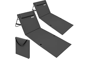 DETEX® 2X Strandmatte mit Rückenlehne Gepolstert Anthrazit Sonnenliege klappbar UV-beständig Tasche Reißverschluss Kissen Tragegurt Garten Camping Picknick Liegematte 158x56cm