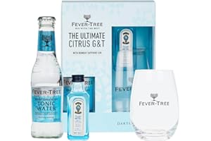Fever Tree Gin Gift Set - Ultimate Citrus Gin & Tonic Alcohol Gift Set with Branded Glass, Mediterranean Tonic Water 20cl & Bombay Sapphire Gin Miniatures 5cl with Topline Card. Xmas Gifts for Women