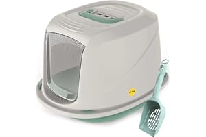 CAT CENTRE Medium Green Hooded Kitten Litter Tray +Waste Scoop Set Carbon Filter Small Cat Toilet Pet Box Loo Pan Starter Pack Portable Swing Flap Door Carry Handle Galaxy Easy Cleaning