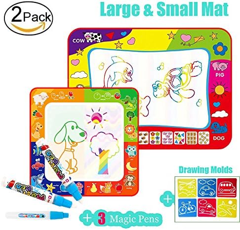Flytoo 2 Pack Magic Water Drawing Doodle Mat with Large Size Rainbow Colour Mat and Small Size 4 Colour Mat and 3 Magic Water Pen for Toddlers Kids Baby