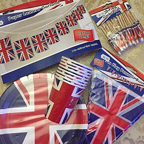 Union Jack 5 Piece Party SET - Plates, Cups, Bunting, Lanterns, Cocktail Umbrellas