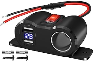 GIBBAB 120W Dual USB Outlet Cigarette Lighter Socket Splitter with LED Voltmeter/Rocker, 12V Car Charger Power Adapter Replacement Plug Female for RV Marine Boat Motorcycle Truck ATV UTV Van (3 * 10A Fuse)