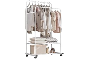 Isyunen Stand Appendiabiti in Acciaio Autoportante Canne Doppie MultifunzionalePorta Abiti con Ruote Tubo Rivestito in Acciaio Inossidabile-BIanca,