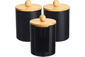 BRTNUP Lot de 3 supports de tampons de coton pour cotons-tiges, pots d'apothicaire noirs, distributeur de Qtip en acrylique avec couvercle en bambou pour salle de bain et maquillage (noir)