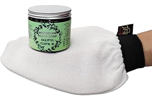 AL HOOR Moroccan Black Olive Soap Infused In Eucalyptus Oil + Kessa Glove - Deep Acne Cleansing & Dead Skin Cells Remover (Eucalyptus / White Kessa)