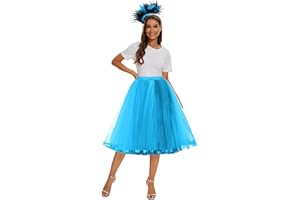 Rpporm Tüllrock Damen + Bunt Feder Stirnband Regenbogen Rock Damen Tüll 50er Rockabilly Petticoat Tutu Unterrock und Bunte Feder Haarreifen Kostüm für Damen Faschingskostüme Karneval Kostüm