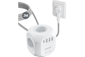 LENCENT Multiprise avec Interrupteur Cube Secteur Fiche Plate 4 Prises, 3 USB et 1 Type C, Multiprise USB Parafoudre et 4 Interrupteurs Rallonge Electrique 3M Câble la Maison et Bureau Tressé Câble