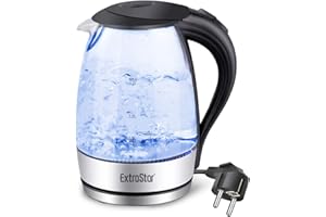 EXTRASTAR Bollitore Acqua Elettrico, Bollitore da 1,7L in vetro con indicatore luminoso a LED blu, bollitore elettrico senza BPA con spegnimento automatico e protezione da bollitura a secco.