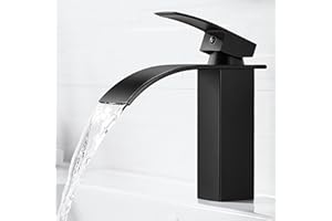 BOOXELY Robinet Lavabo Noir Cascade | Moderne Robinet Salle de Bain Cascade avec Bec Hauteur 107mm | Monocommande Mitigeur Lavabo en Laiton Chaude et Froide Réglable | Robinet Cascade Noir G 3/8