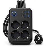Akım Korumalı 4&rsquo;l&uuml; Priz 2500W 10A &ndash; 2 USB + 2 Type-C Hızlı Şarj &ndash; 2 Metre Uzatma Kablosu, Anahtarlı &Ccedil;oklu Priz, &Ccedil;ocuk Korumal