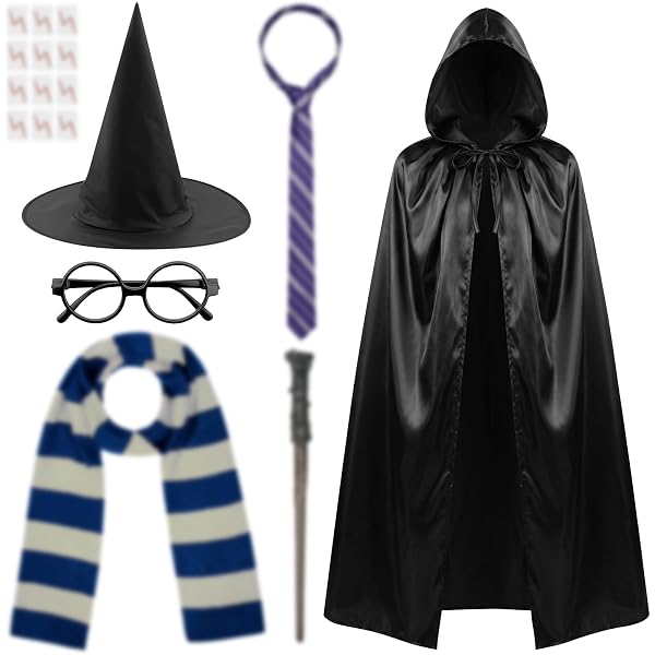 Amycute Costume De Sorcier Complet – Cape, écharpe, Cravate, Lunettes, Collier – Enfant Et Adulte – Halloween, Carnaval, Noël, Cosplay