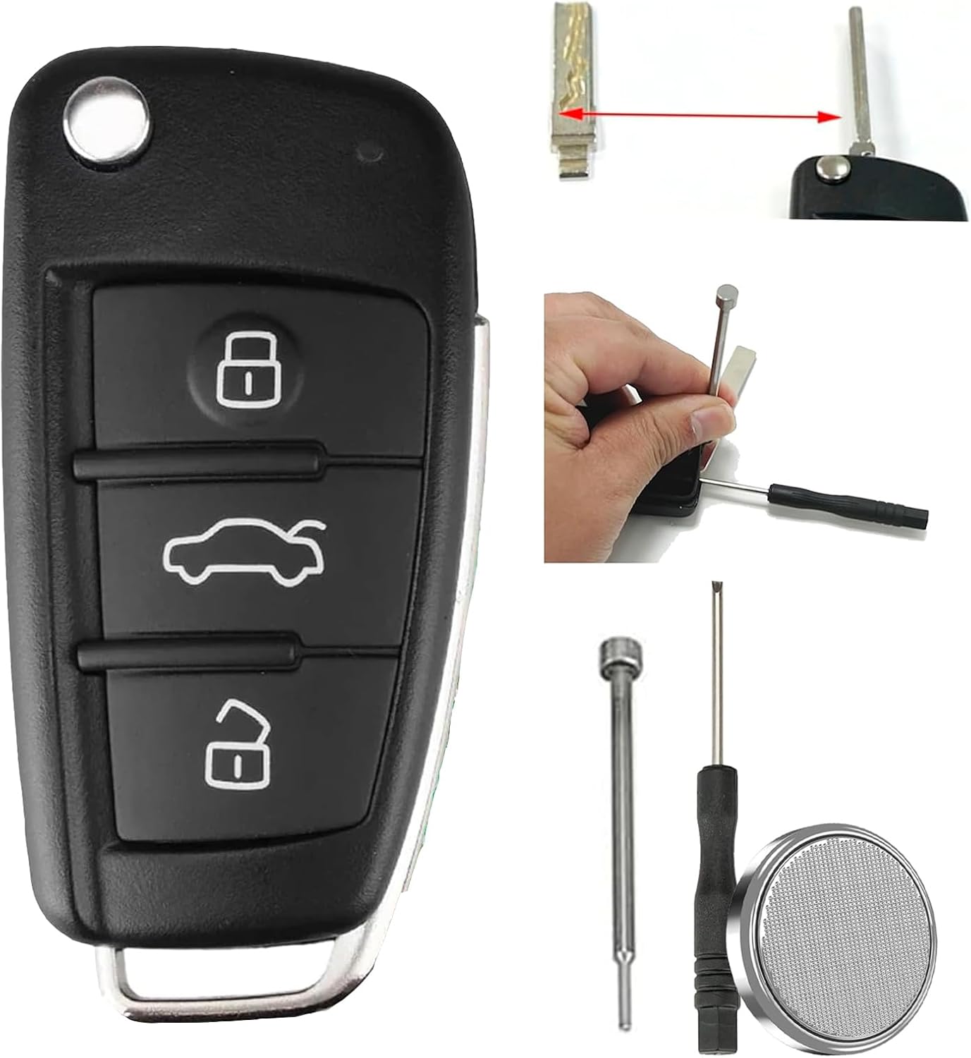 3 Buttons Flip Key Fob Case for Audi A3 A4 A6 A6L A8 Q7 TT S3 S4 S6 Quattro Entry Remote Fob Battery CR2032 &Pin Removal Tool with uncut blade