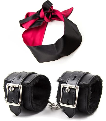Kit Benda Maschera Occhi In Raso Con Manette Regolabili - Set Seducente Per Giochi Di Coppia. Maschera Nera E Bracciali In Morbida Pelliccia Sintetica.