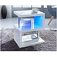 spot on dealz® High Gloss 2 Tier Side Coffee Table With LED Light Stunning Design Modern Look With Steel Tubes Living Room Decoration White Battery Operated