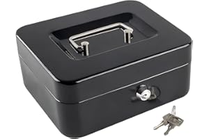 Altikeep Portable Key Lock Cash Box Safe with Removable Coin Tray, Metal Safe Box with Handle, Sturdy & Durable Security Box, 25x20x9cm, Schwarz
