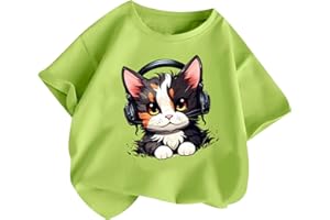 KODMNSW T-Shirt Mädchen T Shirt Kinder Tshirt Sommer Tops Baumwolle Rundhals Kurzarm Oberteile Katze Druck Kurzärmelige Coole Klamotten für Teenager 2-14 Jahre Alt
