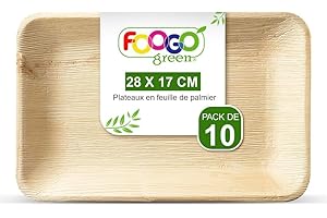 FOOGO Green 10 Plateaux de Service Jetables Feuille de Palmier, Moyens Profonds 28x17 cm, Pizza, Entrées, Canapés, Planche Charcuterie, Robuste et Ecologique Comme Plateaux en Bois pour Plats Chauds