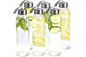 KWARE Glass Water Bottles 500 ml Juice Bottles with Lids, Reusable Drinking Bottle, Juice Beverage Container, High Borosilicate Bottles with Silver Plastic Leak Proof Caps for Beverages,Milk,Juice, 6 Pack