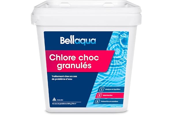 Bellaqua Chlore Choc Piscine 5 kg - Granulés Chlore Choc Rapide - Traitement Choc et Entretien Régulier - Désinfection Eau Verte et Eau Trouble