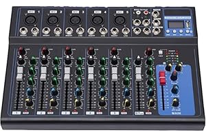 INSYOFOREVEREC Bluetooth Audio Mixer 7 Kanal DJ Mischpult Live Studio USB DJ Sound Console Amplifier Mischkonsole 6 Musikmodi Natürlich/Pop/Rock/Jazz/Klassik/Land für Aufnahmestudio DJ Mixer Konsole