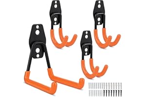 Ganci Garage, hicoosee Ganci da Metallo Ganci per Appendere Bici Resistente Peso Massimo 35 KG Doppio Ganci per Appendere Utensili Elettrici, Scala, Articoli Sfusi, Arancia 4 Pezzi