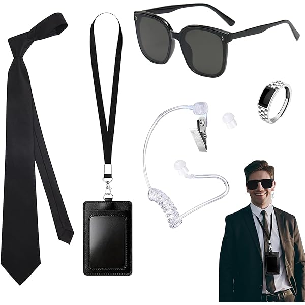 8 stuks Agent Kostuum Accessoireset, Secret Security Guard Outfit Kit met Dunne Frame Bril Stropdas Oortje ID Badge voor Tieners Volwassenen Kerst Halloween Cosplay Party Rekwisieten