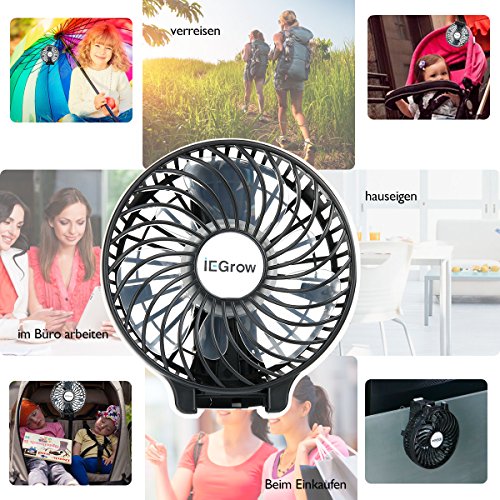 iEGrow USB Ventilator Leise Mini Handventilator Ventilatoren Lüfter mit Batterie Farbe Schwarz - 8