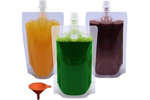 Yelinosk Paquete de 20 bolsas transparentes de 380 ml con tapas y embudo para festivales, a prueba de fugas, bolsas de jugo de alcohol, bolsas de bebidas, petaca de plástico para fiestas, picnic