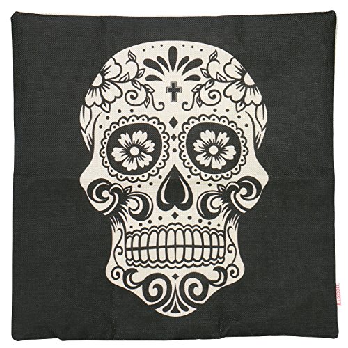 Luxbon 2x Schwarz und Beige Totenkopf Schädel Leinen Kissenbezug Pillowcase Auto Haus Halloween Deko 45 x 45 cm - 2