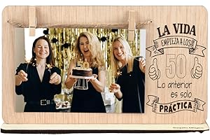SAQUITOMAGICO Marco de Fotos Personalizado 50 Años, Regalo Original para Mujer u Hombre en su 50 Cumpleaños, Portafotos Madera con Pinzas, Detalle Especial Aniversario o Amistad