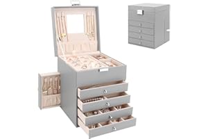 CASIWAFT Jewellery Box Organiser with 6 Drawers and Mirror, Large PU Jewelry Organiser Display Case with Side Drawers, 5 Layers Jewellery Box for Rings Earrings Bracelets Necklaces, Grey