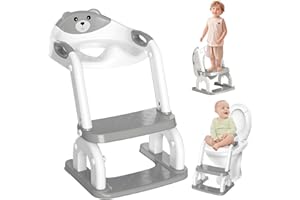 OSKUGLIN Asiento de inodoro infantil con Escalera，2 en 1 Ajustable y Plegable, Adaptador de baño infantil con cojín Acolchado Adaptable a Inodoros V/U/O (Gris)