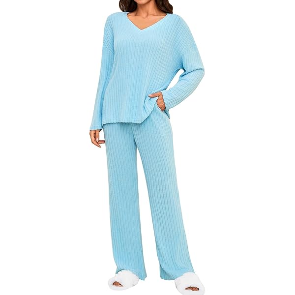 KBOPLEMQ Conjunto De Dos Piezas Para Mujer, Cuello De Pico, Monocolor, Camiseta Acanalada, Manga Larga Con Pantalones, Traje De Casa De 2 Piezas, Traje De Correr, Ropa De Dormir, Ropa De Casa