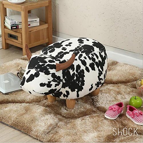 Wood Support Upholstered Footstool for Kids Ottoman Pouffe Footrest Stool 3D Cute Animal Shape (Black and White Cow)