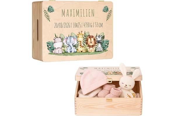Maverton Boite Souvenir Bebe Personnalisable - Cadeau Naissance Personnalisé - L/XL Boite de Rangement avec Couvercle en Bois de Pin Naturel - Cadeau Noel - Cadeau Anniversaire Enfant Personnalisé