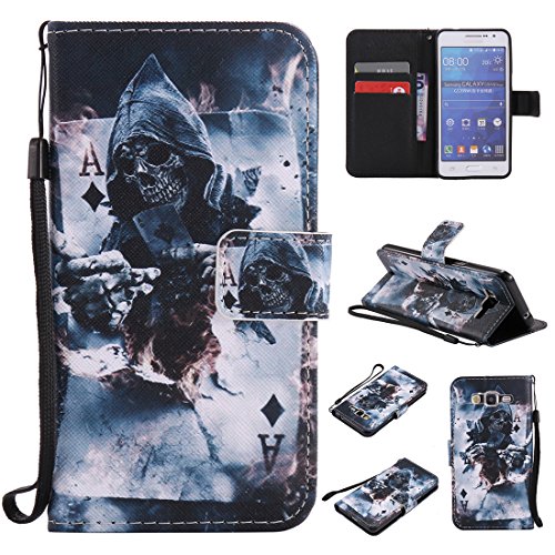 Nancen Samsung Galaxy Grand Prime SM-G530 G531F (5 Zoll) Hülle / Handyhülle, Painted Persönlichkeit PU Leder Tasche Schutzhülle Case Lederhülle Flip Cover mit Standfunktion, zwei Kartenfächer und Eine Brieftasche Etui [Gott des Todes]