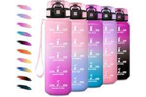 KOLLYKOLLA Bouteille d'eau Sport 1L, Gourde Marqueur de Temps, Gourde avec Filtre, Bouteille de Motivation, Étanche & Réutilisable, pour Randonnée, Cyclisme, Bureau, Extérieur, Camping, Randonnée, Yoga